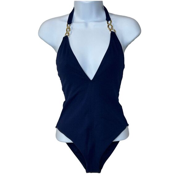 Melissa Odabash Naples Mazy Gold Chain One Piece Swimsuit Navy Women's 6 NWT - Picture 2 of 10